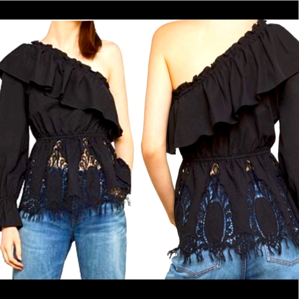 BCBG one shoulder embroidered inset cotton top